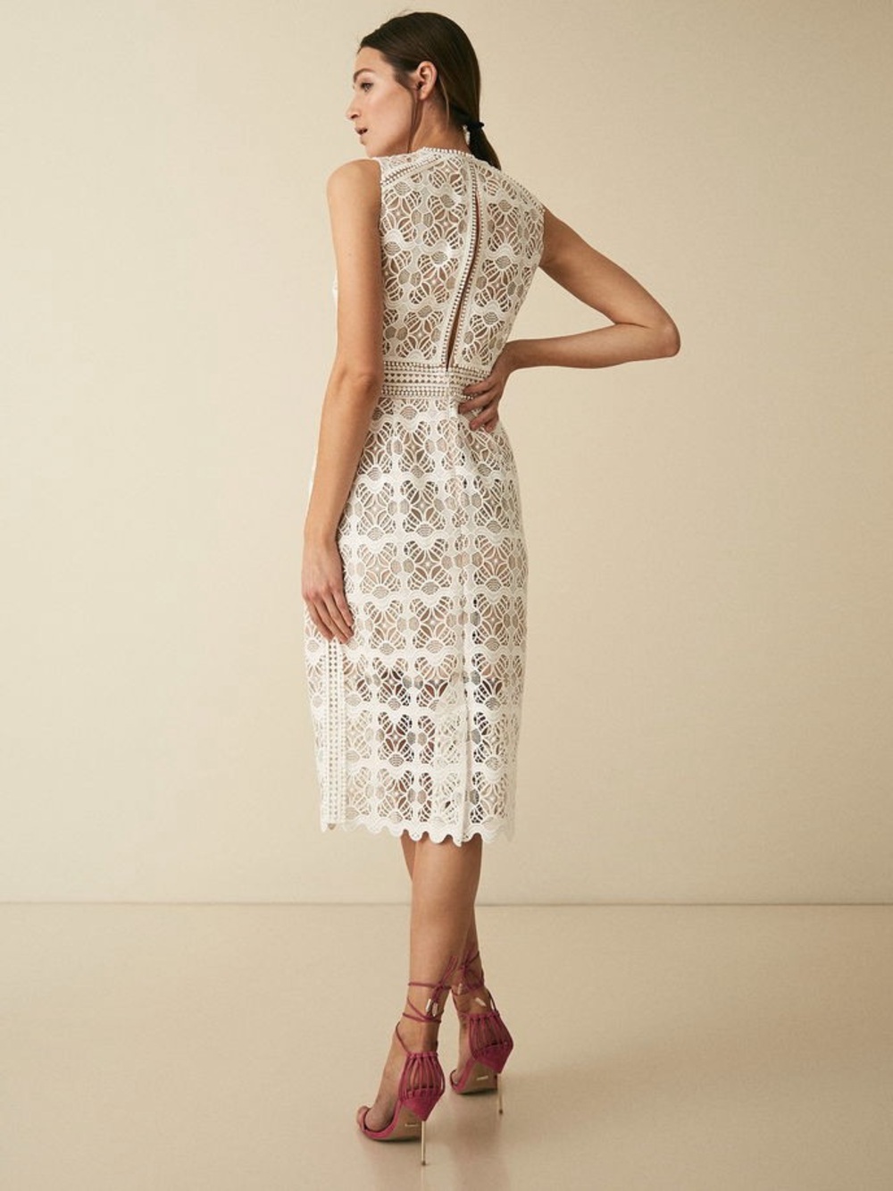 Reiss Coral Lace Slim Fit Midi Dress in white size US 4 NWT - Picture 4 of 14